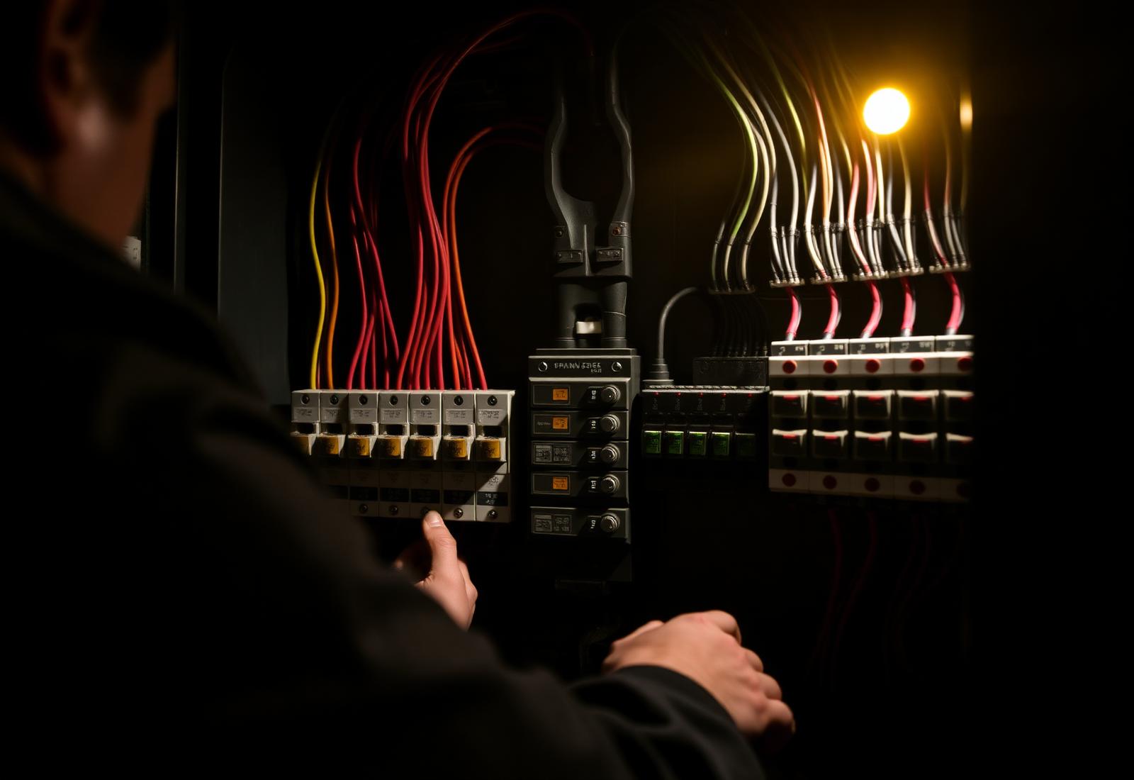 Técnico trabalhando em quadro de distribuição elétrica com disjuntores e cabeamento organizado